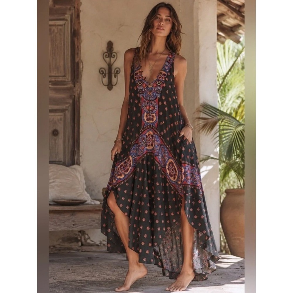 FP Intimately Faithfully Yours Midi Dress Boho Hi Low Racer Back Trapeze M